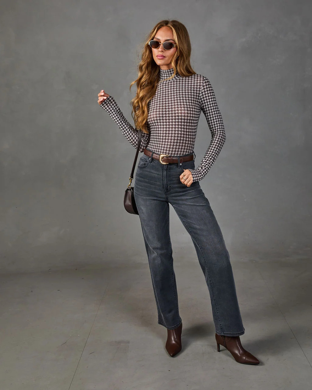 Kensley Turtleneck Houndstooth Print Top | VICI