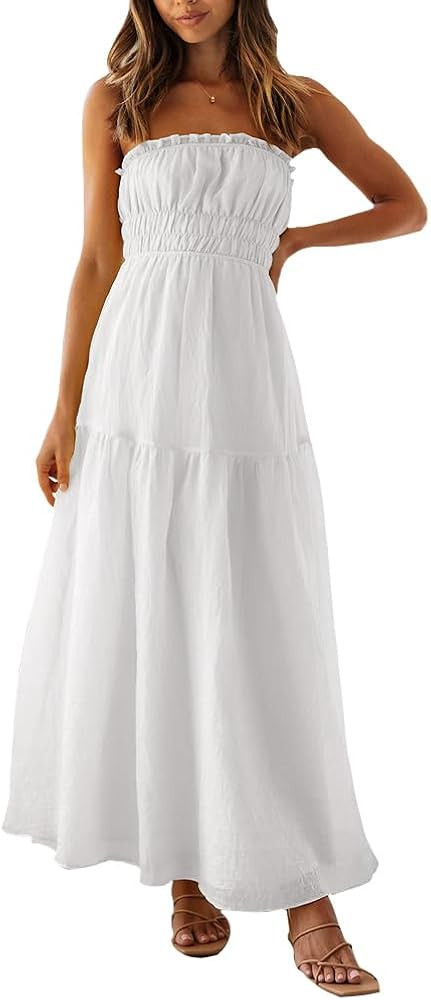 Womens Summer Strapless Tube Top Maxi Dress Smocked Waist Tiered Flowy A Line Flare Midi Long Dre... | Amazon (US)