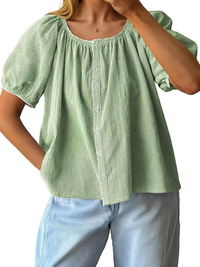 Tankaneo Womens Puff Sleeve Gingham Blouse Summer Plaid Crew Neck Cute Tops Trendy Casual Button ... | Amazon (US)