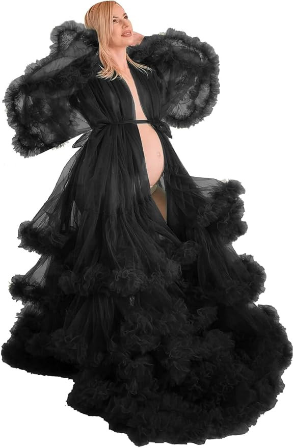 Ruffled Long Sleeves Puffy Tulle Robe Maternity Dress for Photoshoots Sheer Bridal Lingerie Baby ... | Amazon (US)