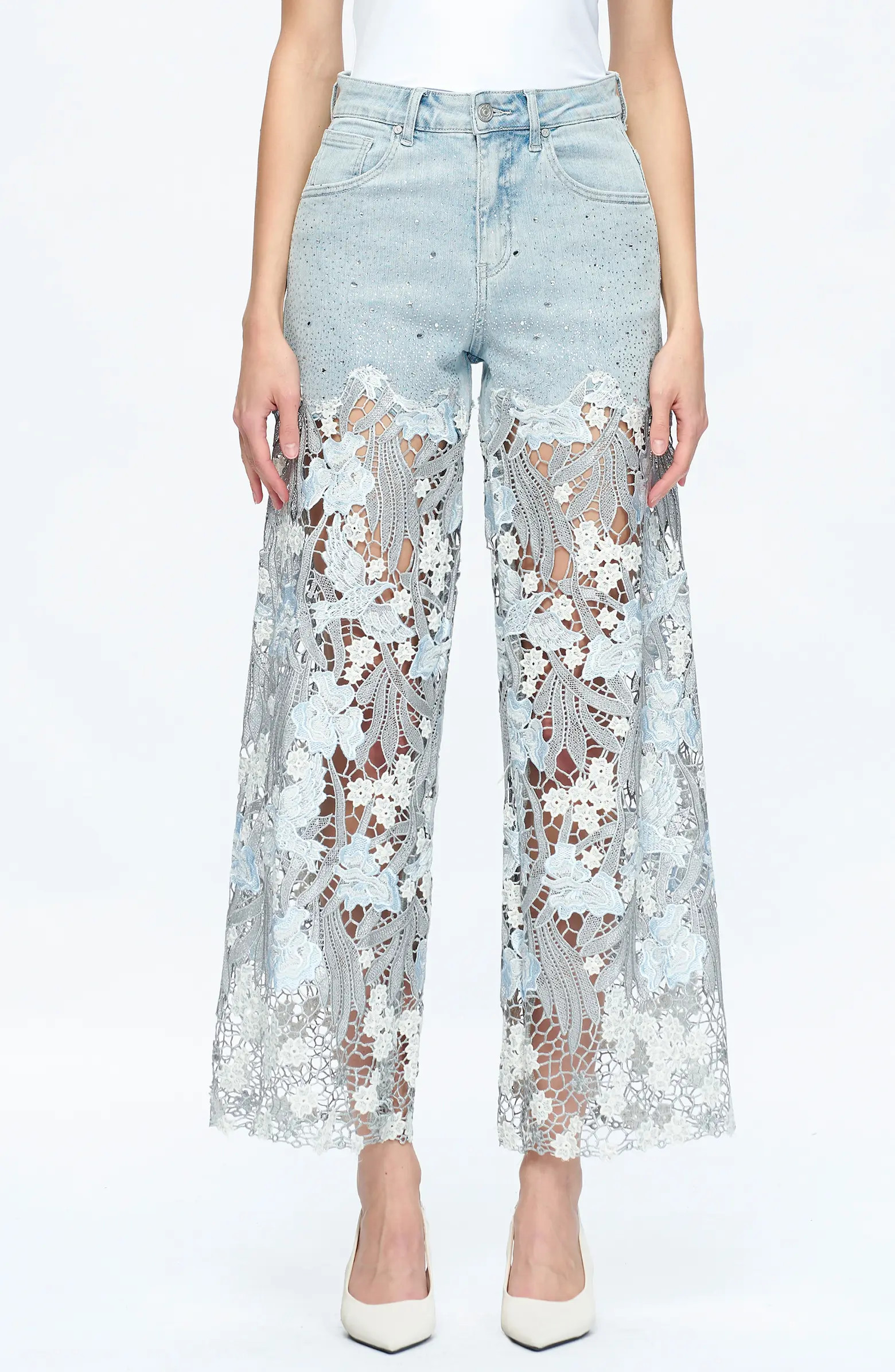 High Waist Crystal Embellished Lace Wide Leg Jeans | Nordstrom