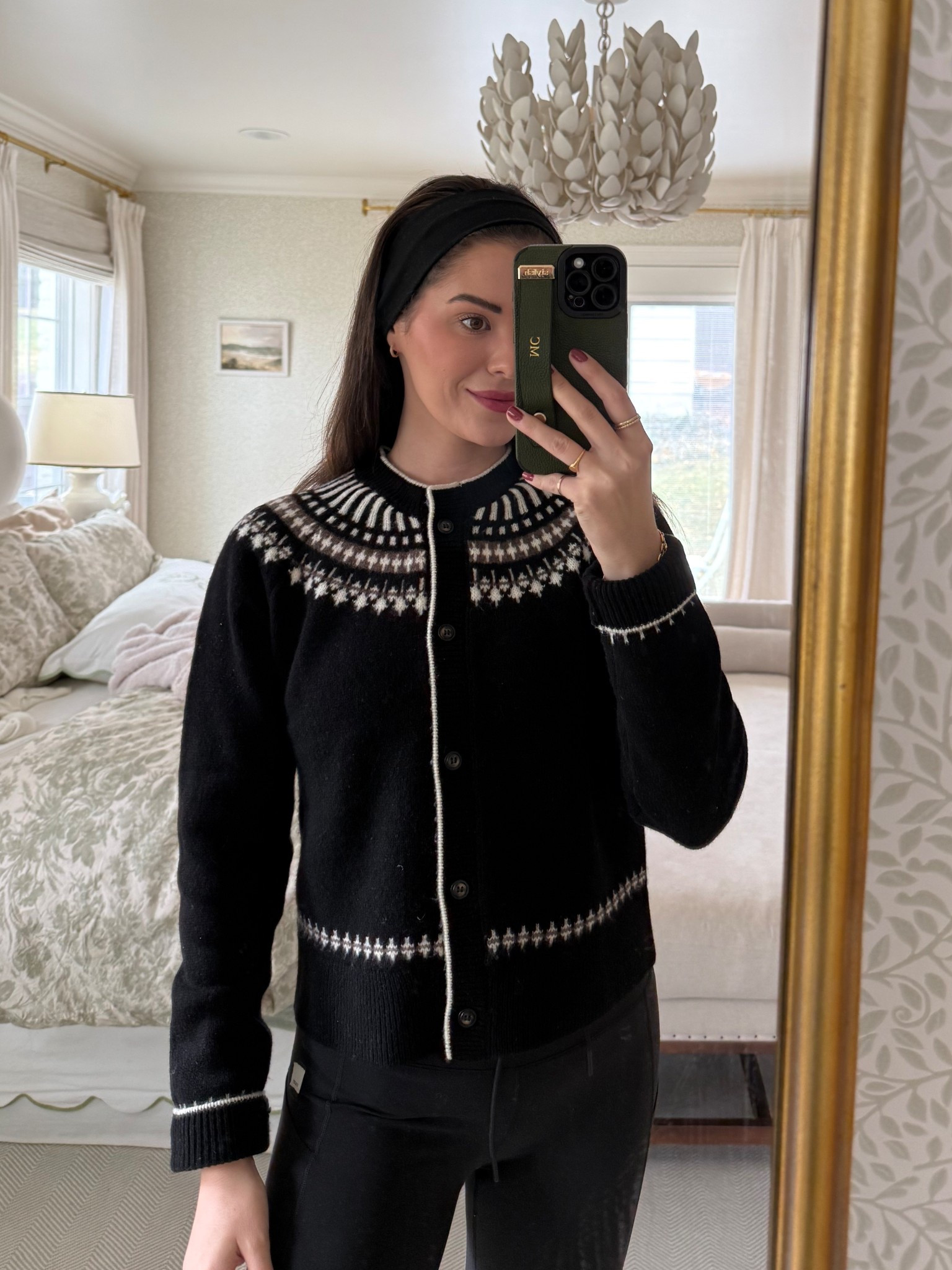 Black fair isle sweater cardigan (small) and my go to vuori leggings (small)