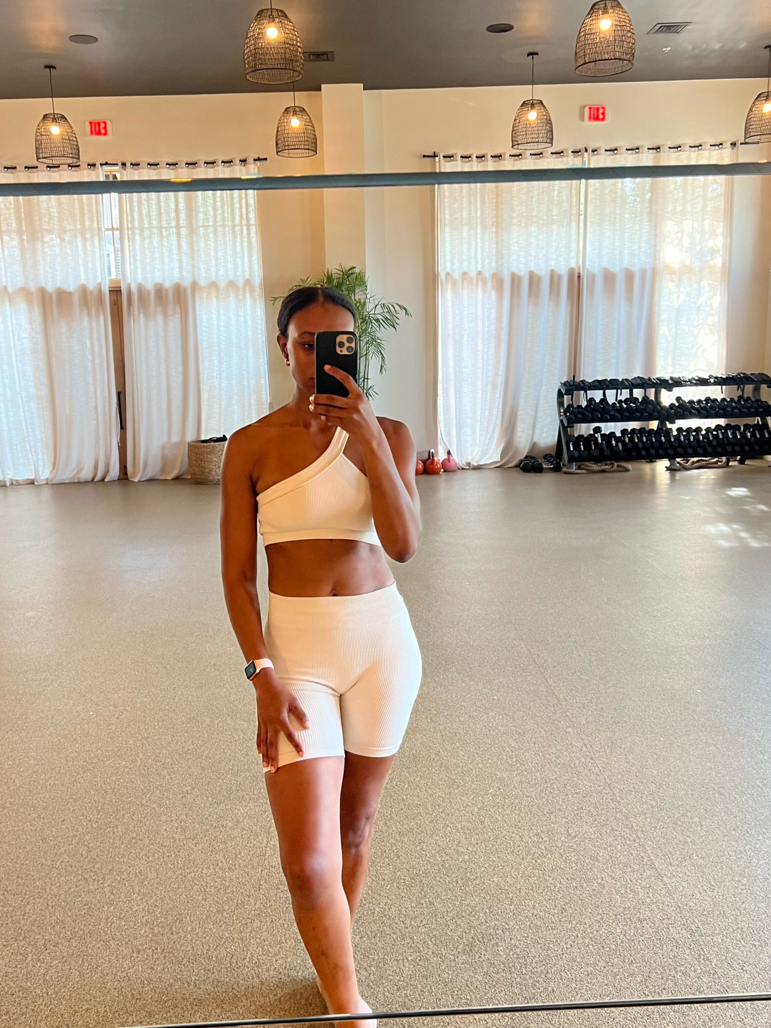 One shoulder high-waisted two piece super. Thick but comfortable. 