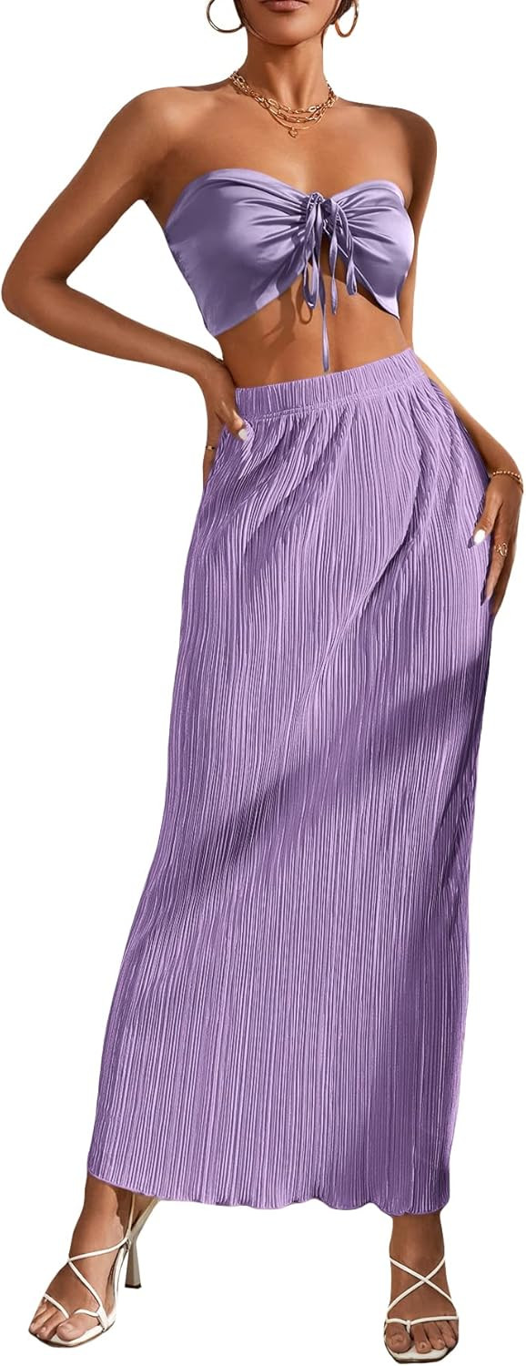OYOANGLE Women's 2 Piece Outfits Off Shoulder Shirred Back Drawstring Ruched Front Crop Tube Top ... | Amazon (US)