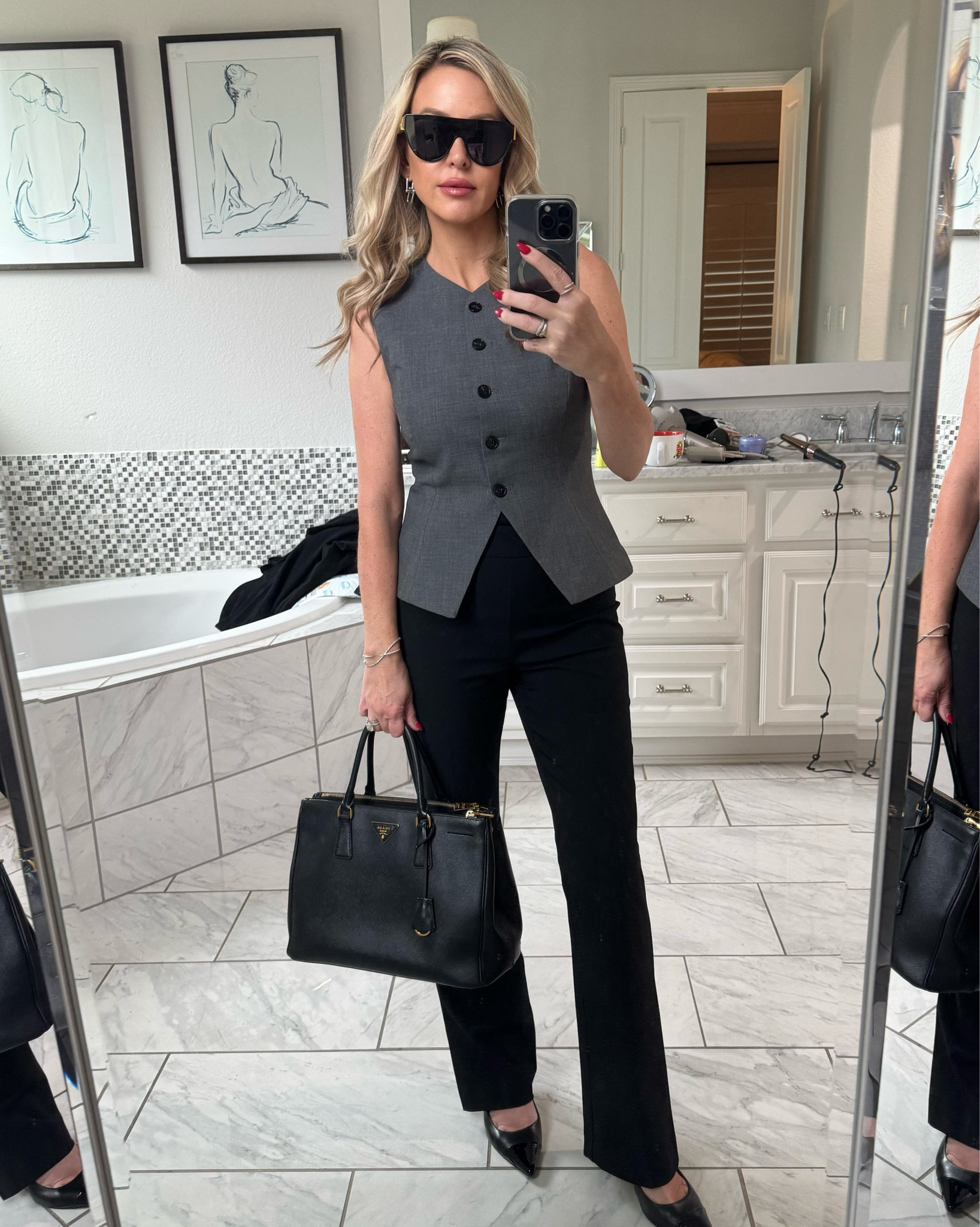 Work outfit and my new favorite sunglasses 😎 My sling backs are a steal! They are so comfy too. I own these dress pants in three colors because they are washable! 

#LTKShoeCrush #LTKWorkwear #LTKItBag