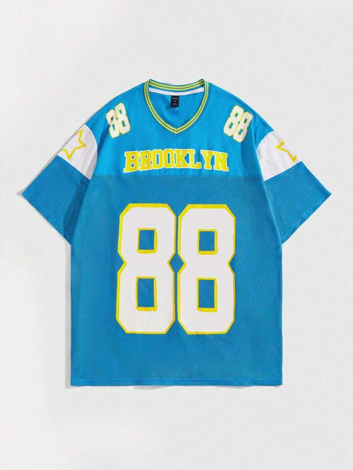 ROMWE Men Summer V-Neck Short Sleeve Casual Jersey T-Shirt With Letter Print, School | SHEIN