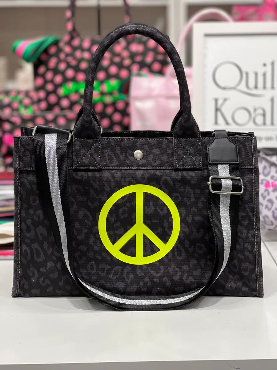 Midi East West Bag: Black Leopard with Neon Yellow Peace Sign | Quilted Koala