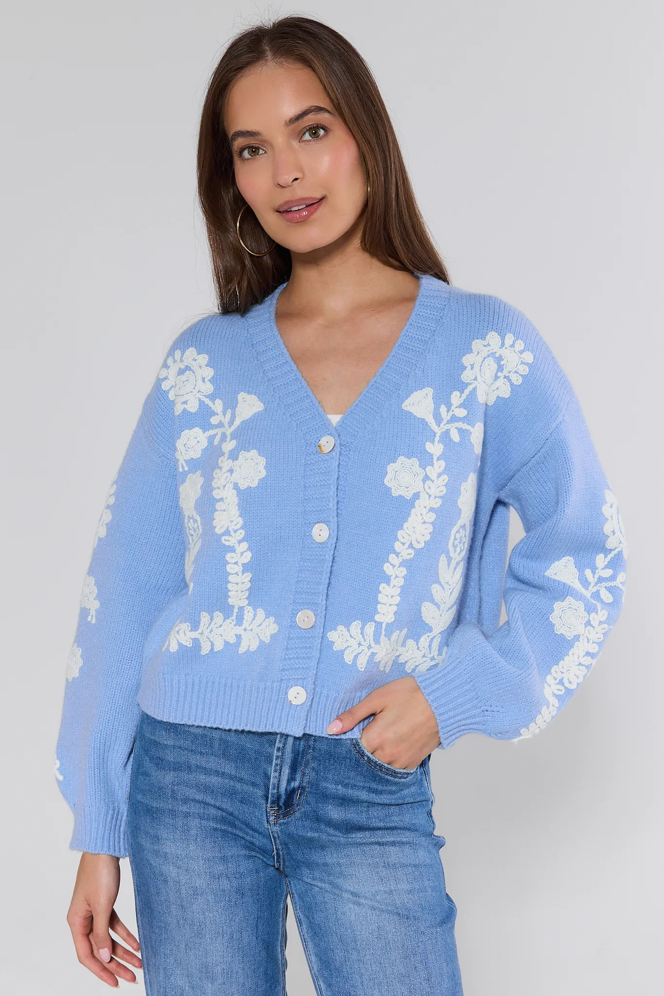 Molly Blue Floral Embroidered Cardigan | Avara