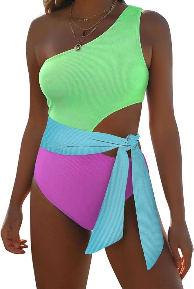One Piece Bathing Suit for Women One Shoulder Cut Out Swimsuit Ribbed Color Block Monokini Tie Si... | Amazon (US)