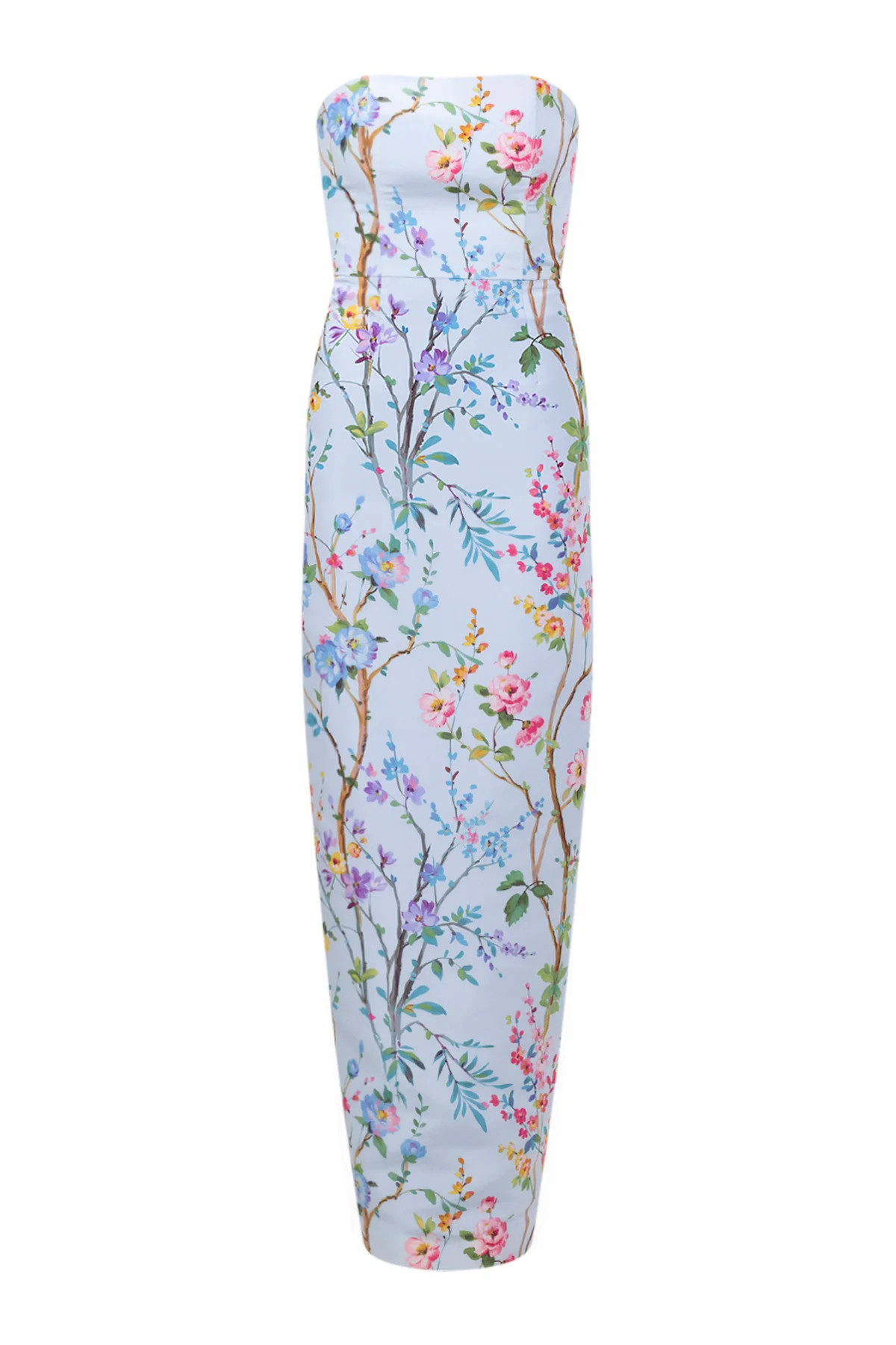Elizabeth Garden Reverie Silk Faille Column Gown in Light Blue Floral | Over The Moon