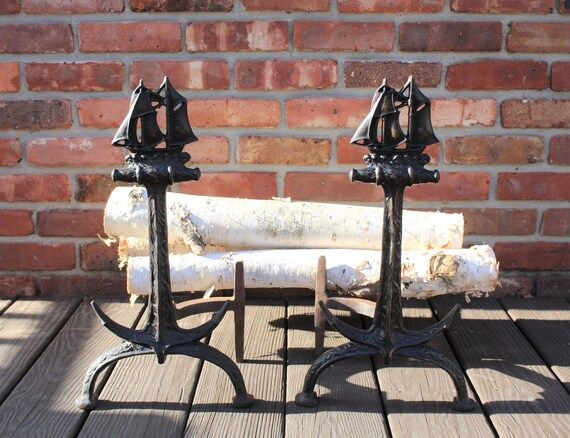 Early Signed Bradley and Hubbard 19" Cast Iron Nautical Fireplace Andirons - Ship - Anchor - Fire... | Etsy (US)
