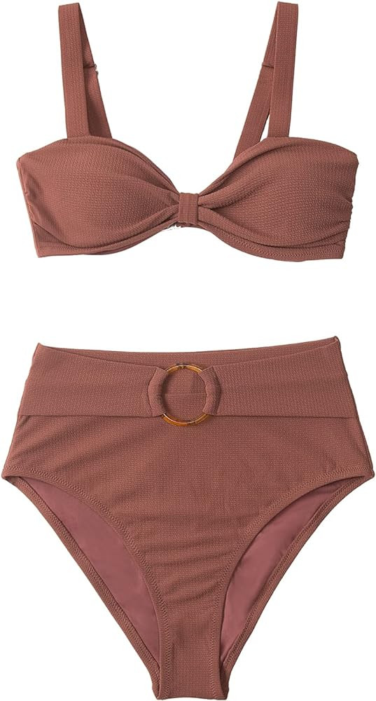 CUPSHE Women's Bowkont Front Bikini Set Tummy Control High Waisted Belted Bathing Suit | Amazon (US)