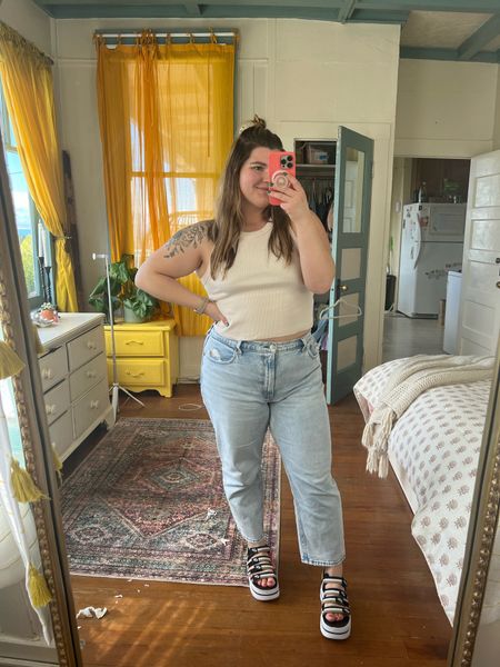 Casual styling of these new Nike sandals! Wearing them with my favorite Abercrombie curve love jeans and tank from American eagle. A great spring outfit base  

#LTKunder100 #LTKcurves #LTKshoecrush