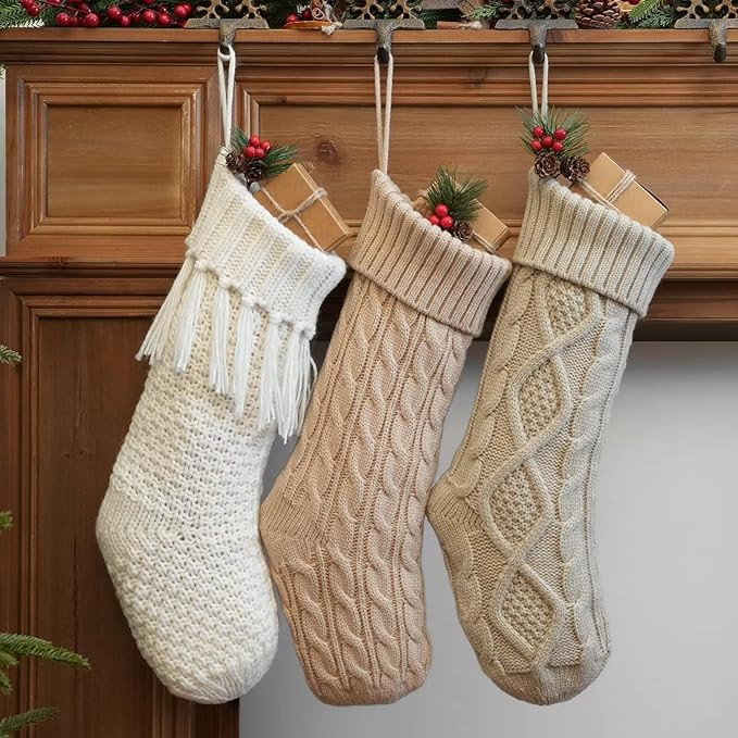 steo spce 3 Pack Neutral Farmhouse Christmas Stockings – Large 18” Rustic Boho Vintage Cable ... | Amazon (US)
