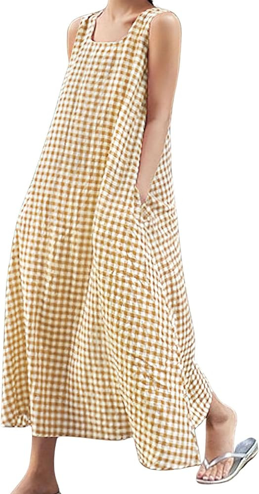 chouyatou Women's Casual Loose-Fit Cotton and Linen Plaid Tank Maxi Dress with Pockets | Amazon (US)