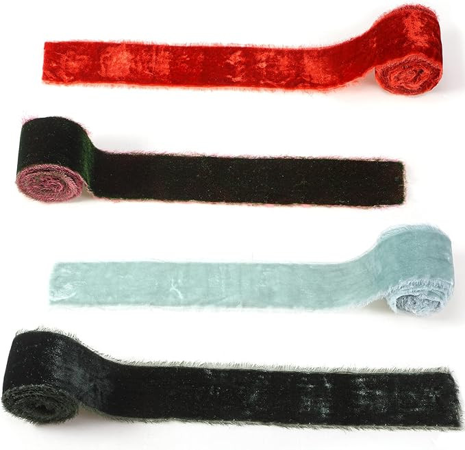 4 Rolls Christmas Velvet Ribbon for Gift Wrapping 2 in x 8 yd Fringe Frayed Fabric Ribbon Raw Edg... | Amazon (US)