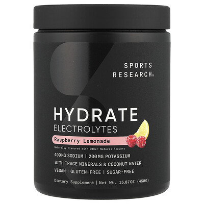 Sports Research, Hydrate Electrolytes, Raspberry Lemonade, 15.87 oz (450 g) | iHerb