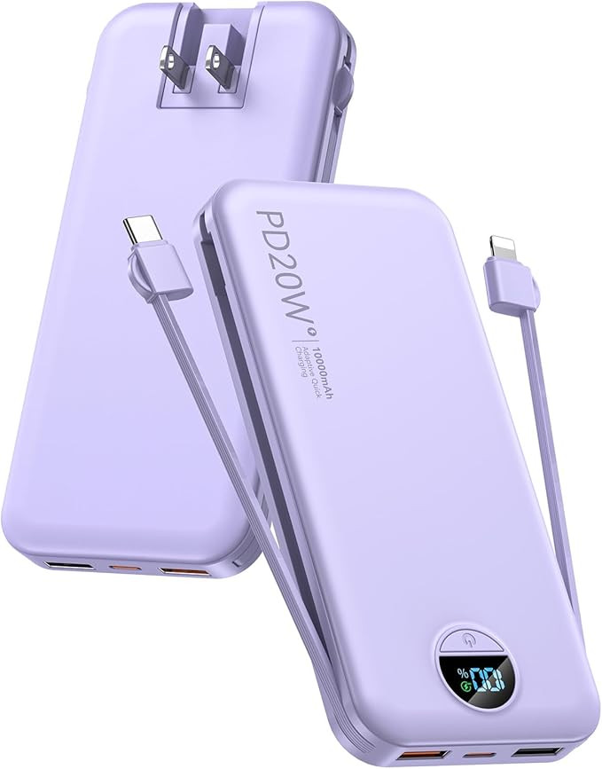 Portable Charger, 10000mAh PD20W USB C Fast Charging Power Bank with Built-in Cables and AC Wall ... | Amazon (US)