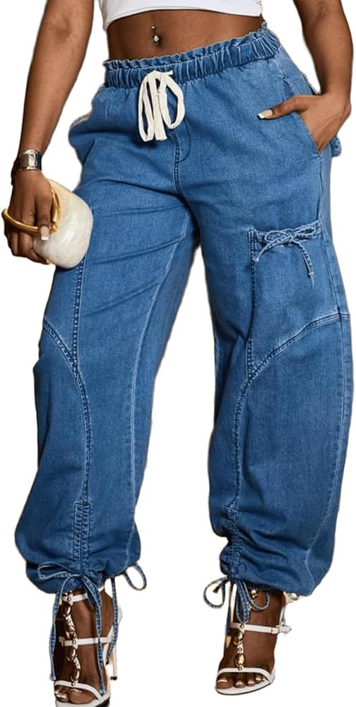 ThusFar Women's Wide Leg Baggy Jeans Plus Size Loose Elastic Waist Denim Pants with Pockets Casua... | Amazon (US)