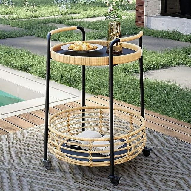 Grand Patio Rolling Outdoor Boho Style Accent Tab, All-Weather Wicker 2-Tier Storage Side Table w... | Walmart (US)