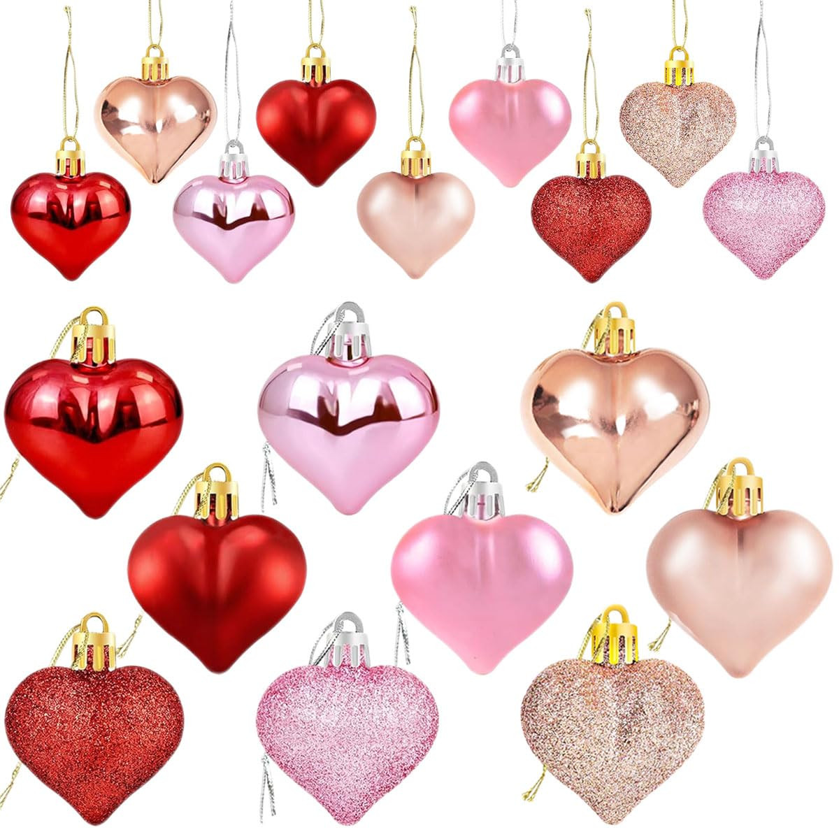 Valentines Heart Shaped Ornaments Set - 36pcs Red, Pink, Rose Gold Hearts - Glossy, Matte, Glitte... | Amazon (US)