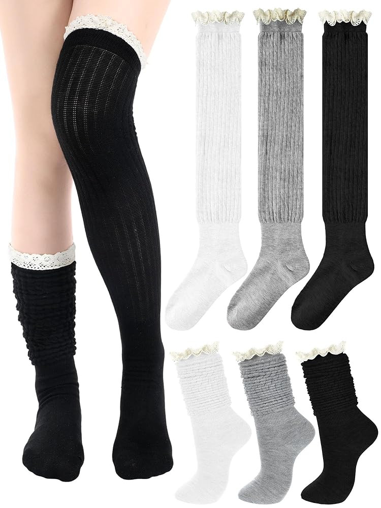 3 Pairs Women Cotton Knit Boot Socks Knee High Stockings with Lace Trim Slouch Stacked Scrunch So... | Amazon (US)
