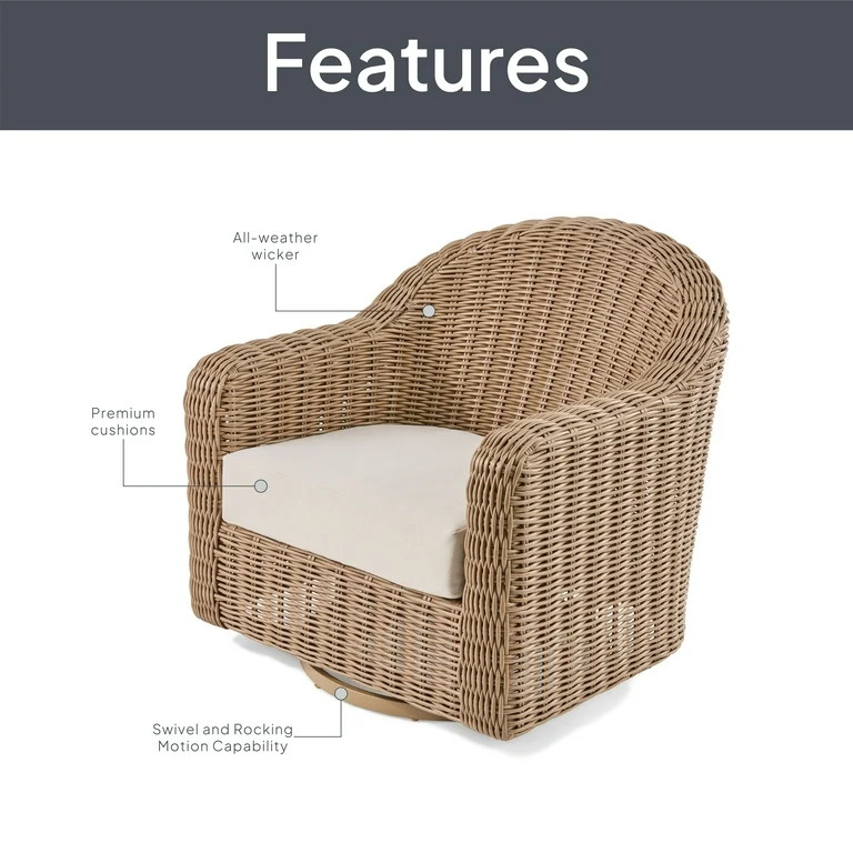 Better Homes & Gardens Bellamy Outdoor 1pk Swivel Glider Chair, Tan Wicker/Cream Cushion | Walmart (US)