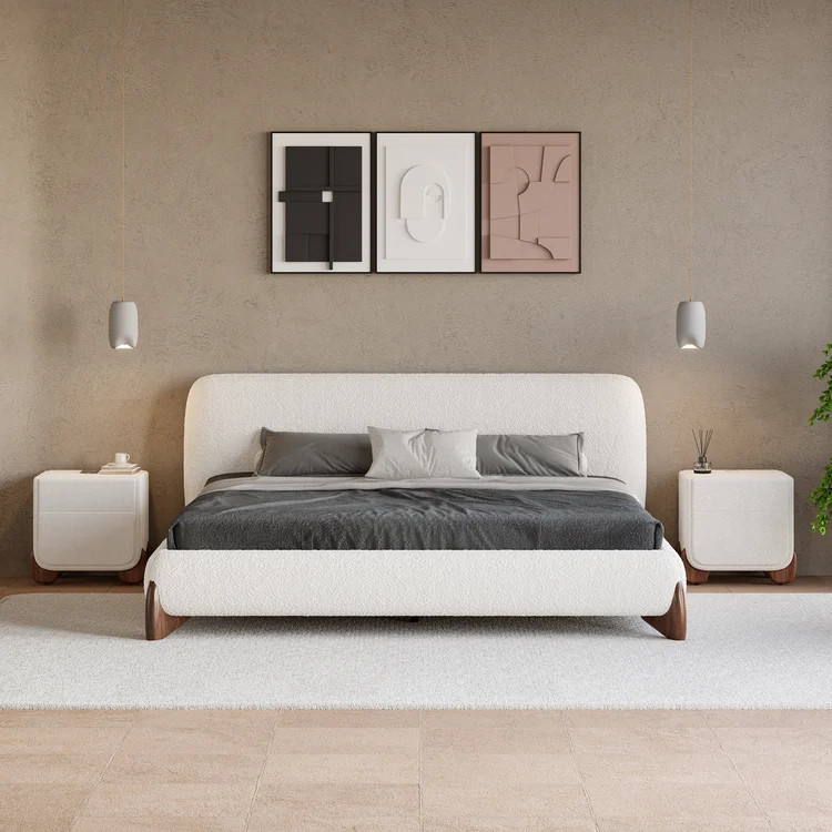 Modern White Boucle Platform Bed King Size Bed Frame & 2-Drawer Smart Boucle Nightstand | Homary