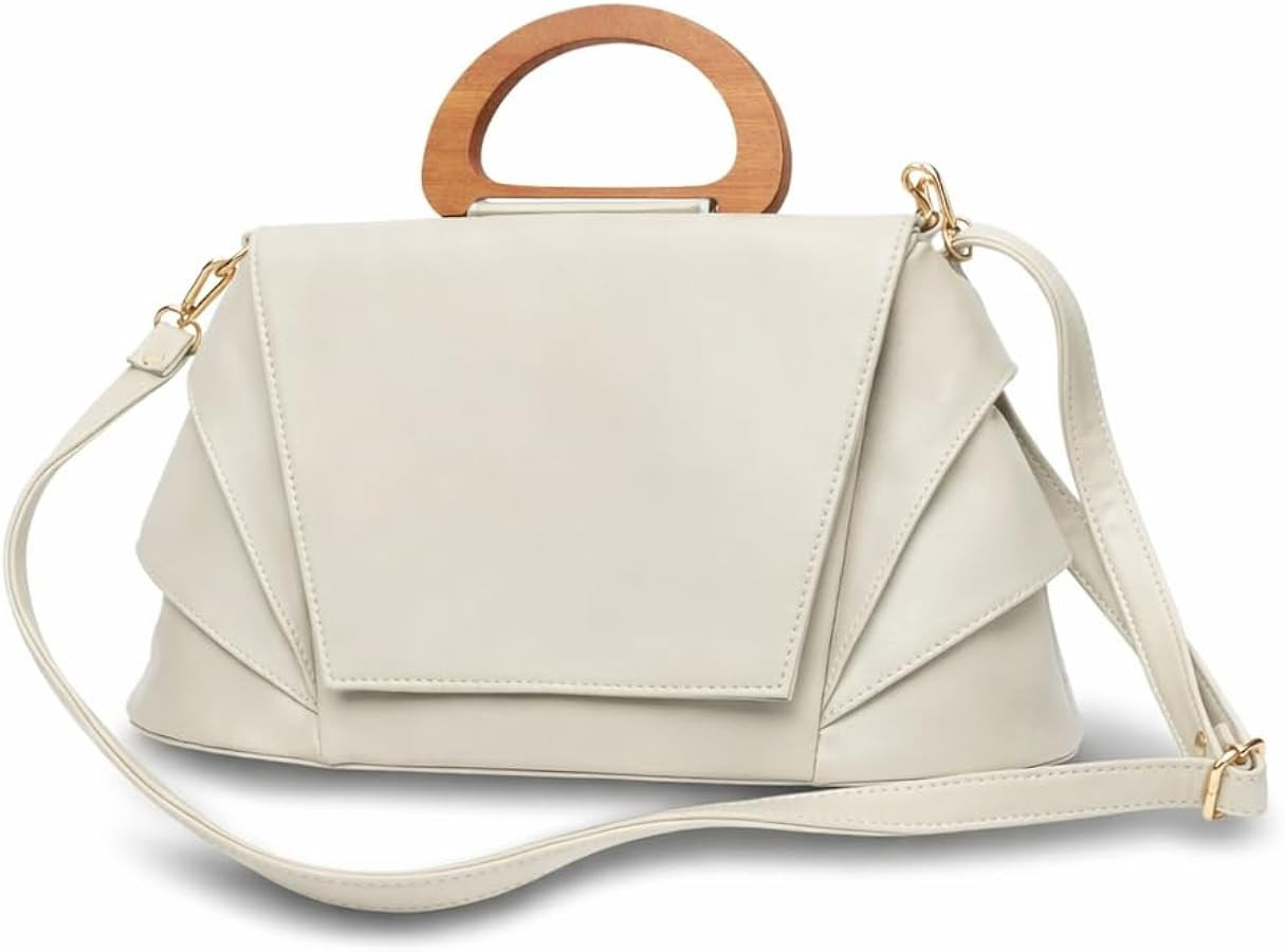 Women\u2019s Top Handle Handbag with Wooden Handle, Vegan Leather Satchel, Structured Crossbody S... | Amazon (US)