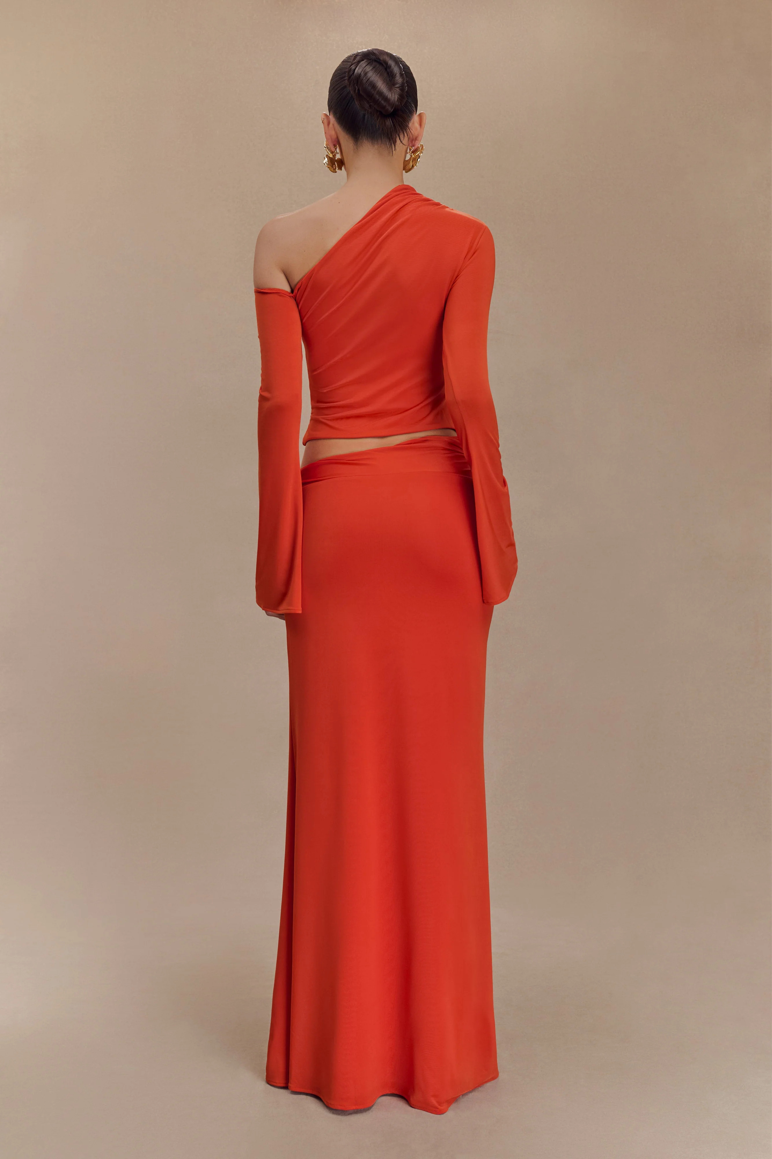 Ainsley Asymmetrical Maxi Skirt With Floral Hardware - Burnt Orange | MESHKI US