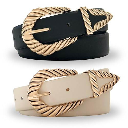 Citrusy Boutique Western Belt 2-Pack | Country Western Fashion Cowgirl Belts for Women | Cute Chunky Gold Western Belt Buckle | Cream and Black PU Leather Belts (Rodeo Pack | Size M-L) | Amazon (US)