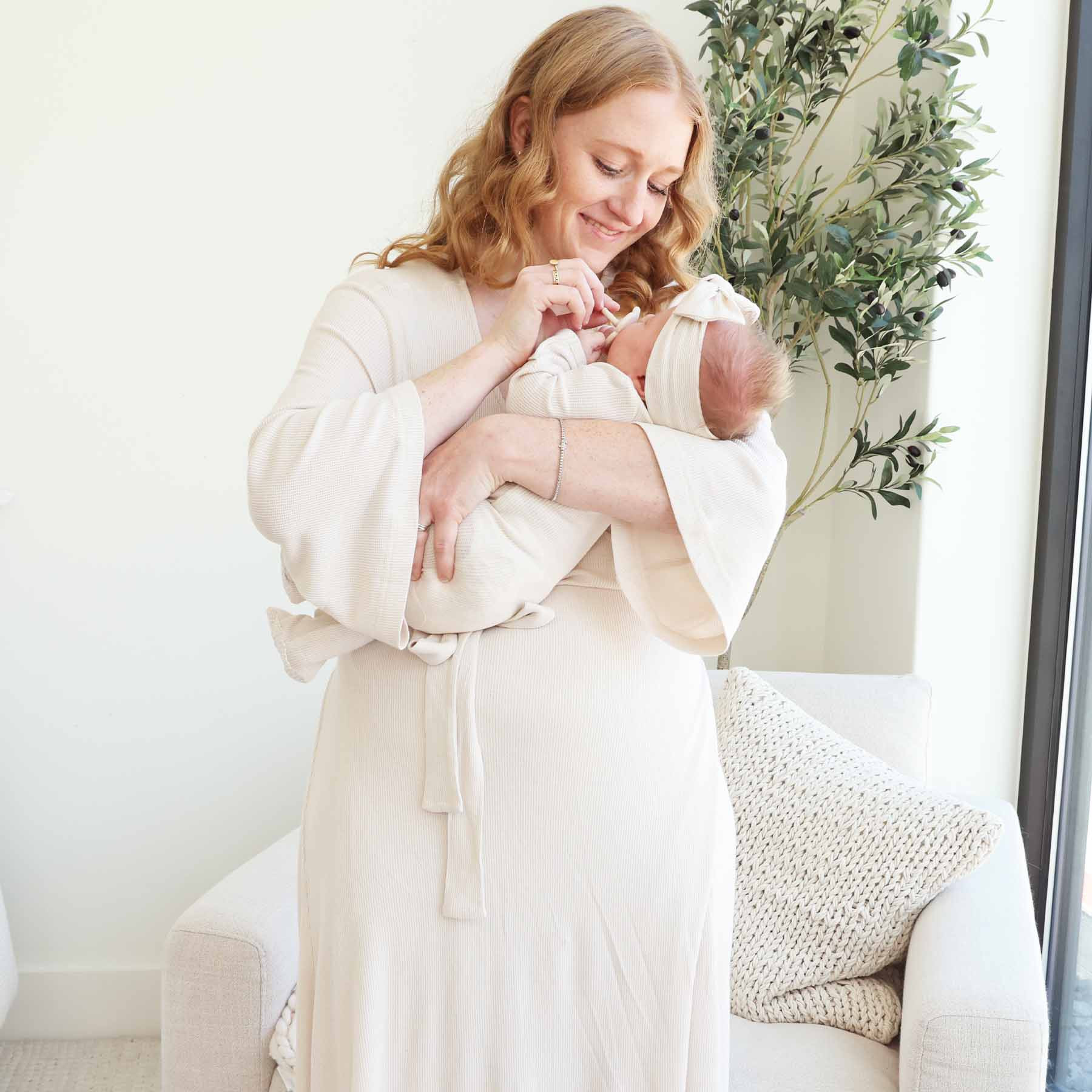 Eggshell Waffle Bamboo Knit Maternity Robe | Caden Lane