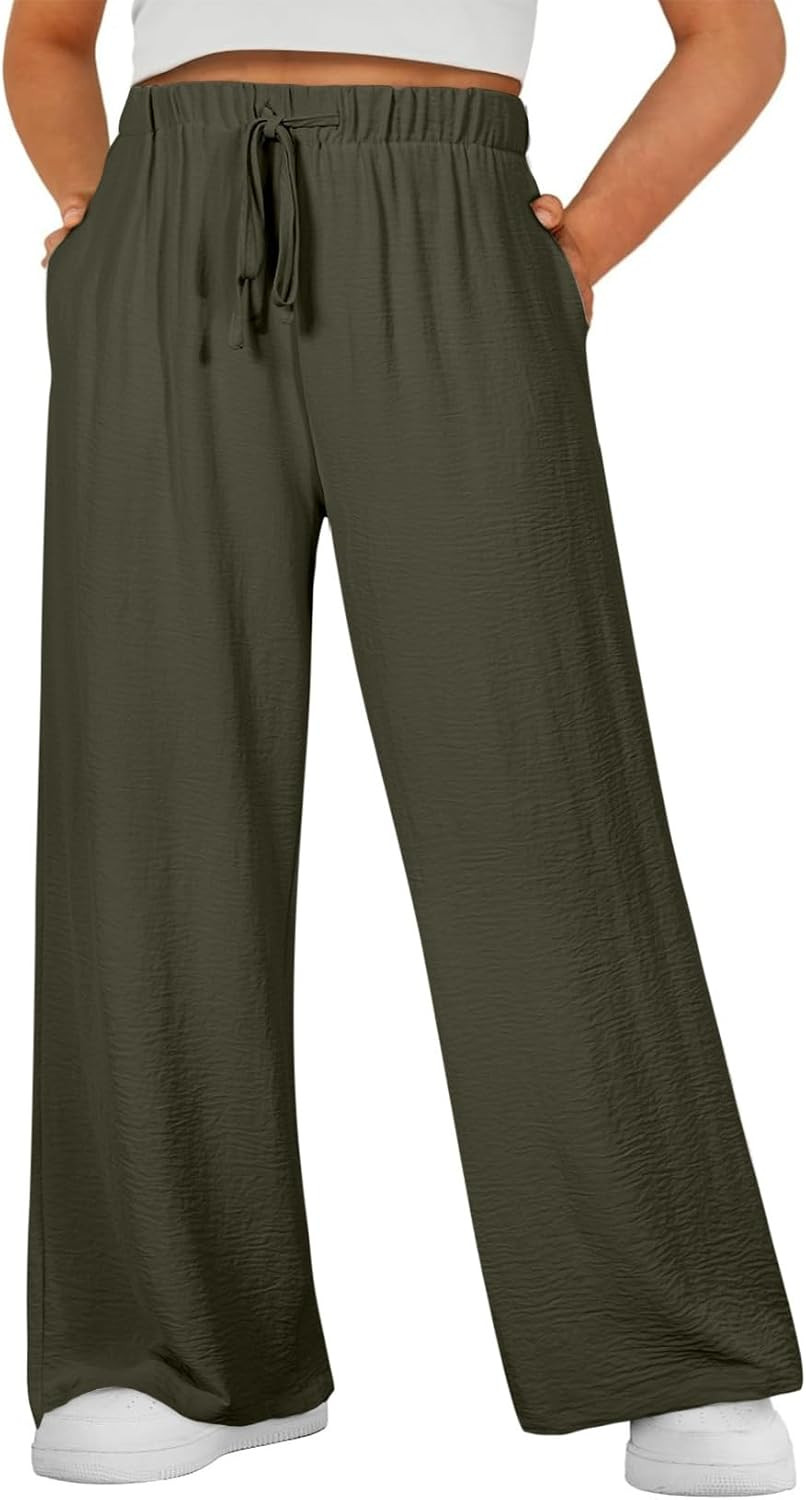 Eytino Womens Plus Size Pants Summer Elastic High Waist Drawstring Casual Loose Wide Leg Trousers Pants with Pockets(1X-5X) | Amazon (US)