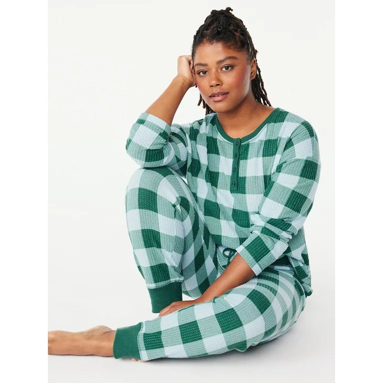 Joyspun Women's Waffle Hacci Knit Henley Top and Joggers Pajama Set, 2-Piece, Sizes S to 3X | Walmart (US)