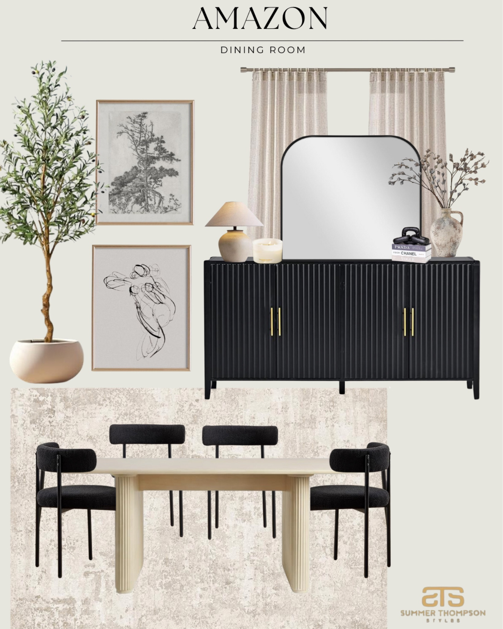 Elevate your dining experience with Amazon finds! 🤎
Neutral tones paired with black accents create a chic and inviting space!!

Dining table, rug, console, dining chairs, curtains, wall art, lamp, candles, decorative books, vase, olive tree 
#amazon #amazonhomefinds #homedecor #diningroom #homestyling 

#LTKHome #LTKU #LTKStyleTip