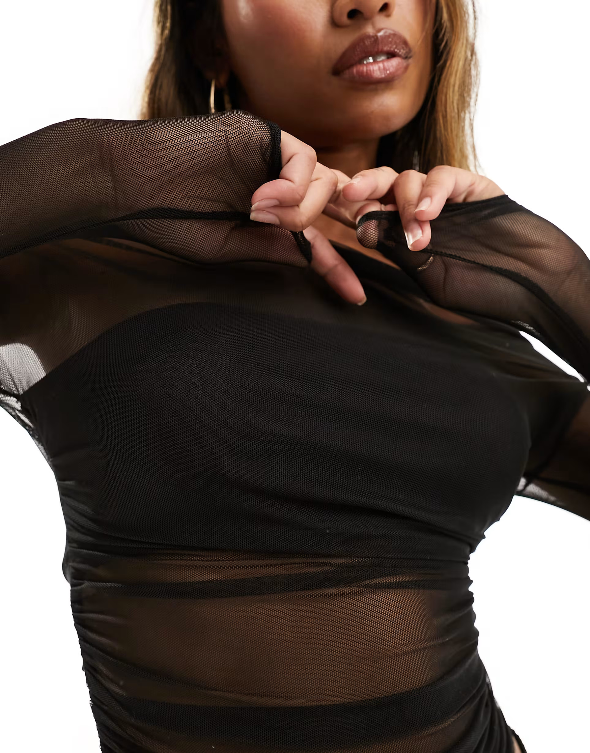 ASOS DESIGN gathered off the shoulder long sleeve mesh top in black | ASOS (Global)