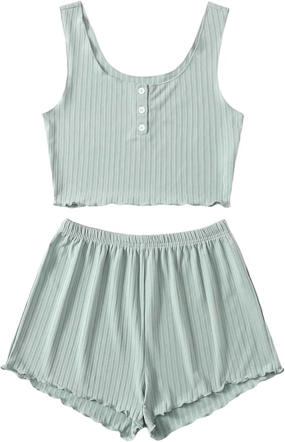 SheIn Women's 2 Piece Sleeveless Button Crop Tank Tops and Shorts Lounge Set | Amazon (US)