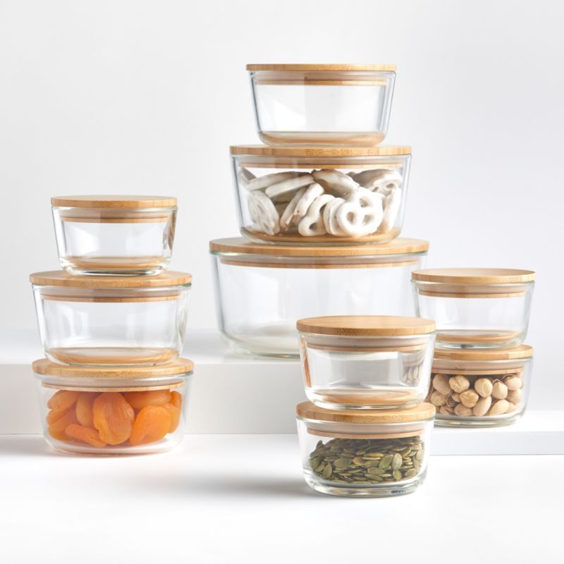 20-Piece Round Glass Containers with Bamboo Lids Set | Crate & Barrel | Crate & Barrel