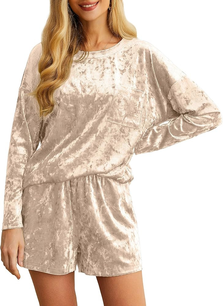 PrinStory 2023 Pajama Sets for Women Long Sleeve Velvet Sleepwear 2 Piece Lounge Sets Soft Pjs Lo... | Amazon (US)