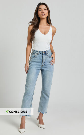 Zelrio Jeans - High Waisted Recycled Cotton Cropped Denim Jeans in Mid Blue Wash | Showpo (US, UK & Europe)