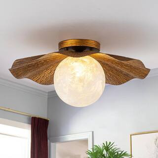 15.35 in. 1-Light Antique Bronze Lotus Leaf Flush Mount Ceiling Light with Ice-Textured Glass Globe Shade | The Home Depot