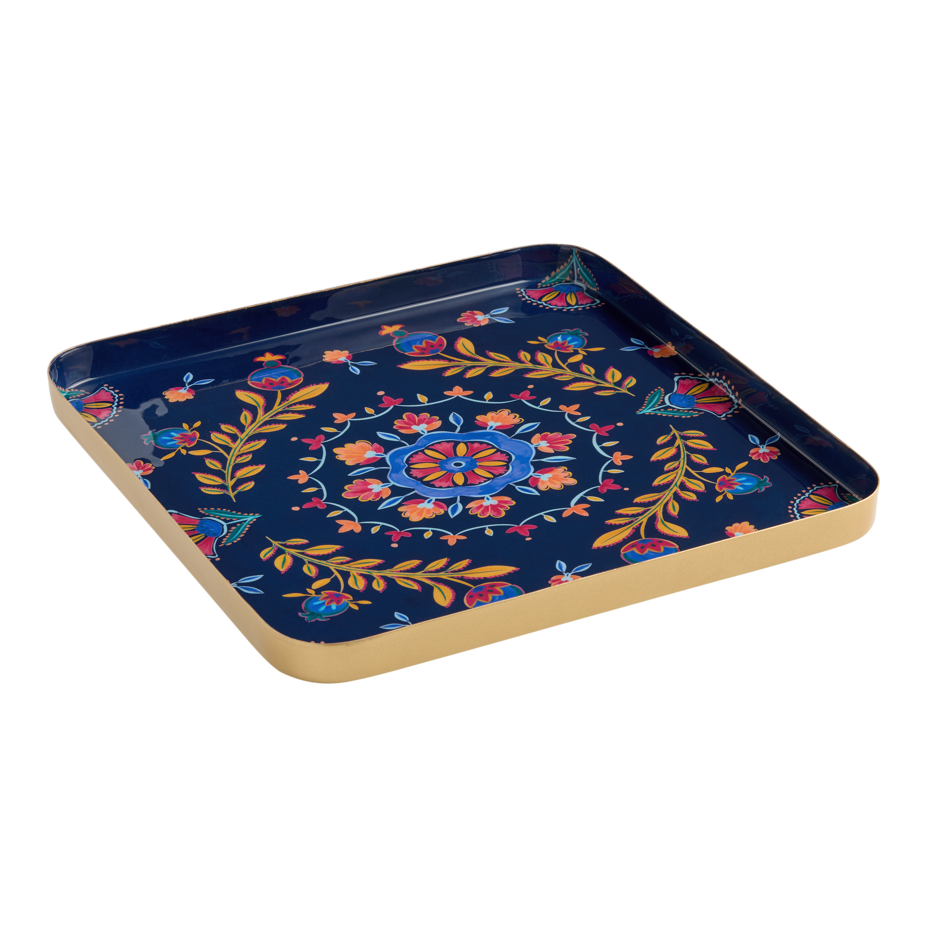 Square Navy Multicolor Metal Floral Medallion Serving Tray | World Market