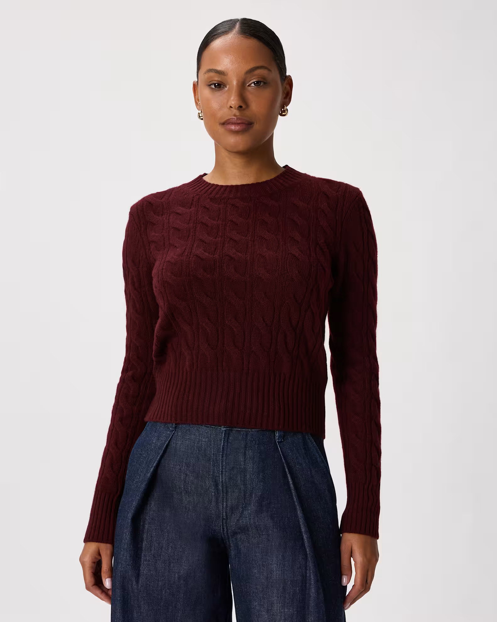 Mongolian Cashmere Shrunken Cable Crewneck Sweater in Rich Burgundy | Quince