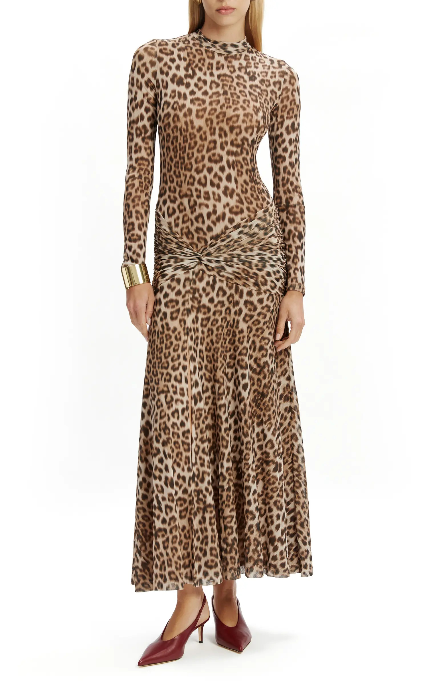 Bardot Lea Leopard Print Long Sleeve Mesh Midi Dress | Nordstrom | Nordstrom