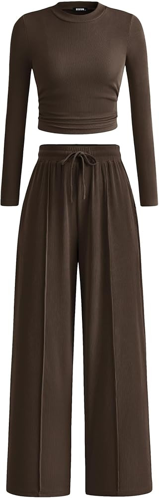 BTFBM Casual 2 Piece Sets For Women Fall Outfits 2025 Ribbed Spring Long Sleeve Crop Top Wide Leg... | Amazon (US)