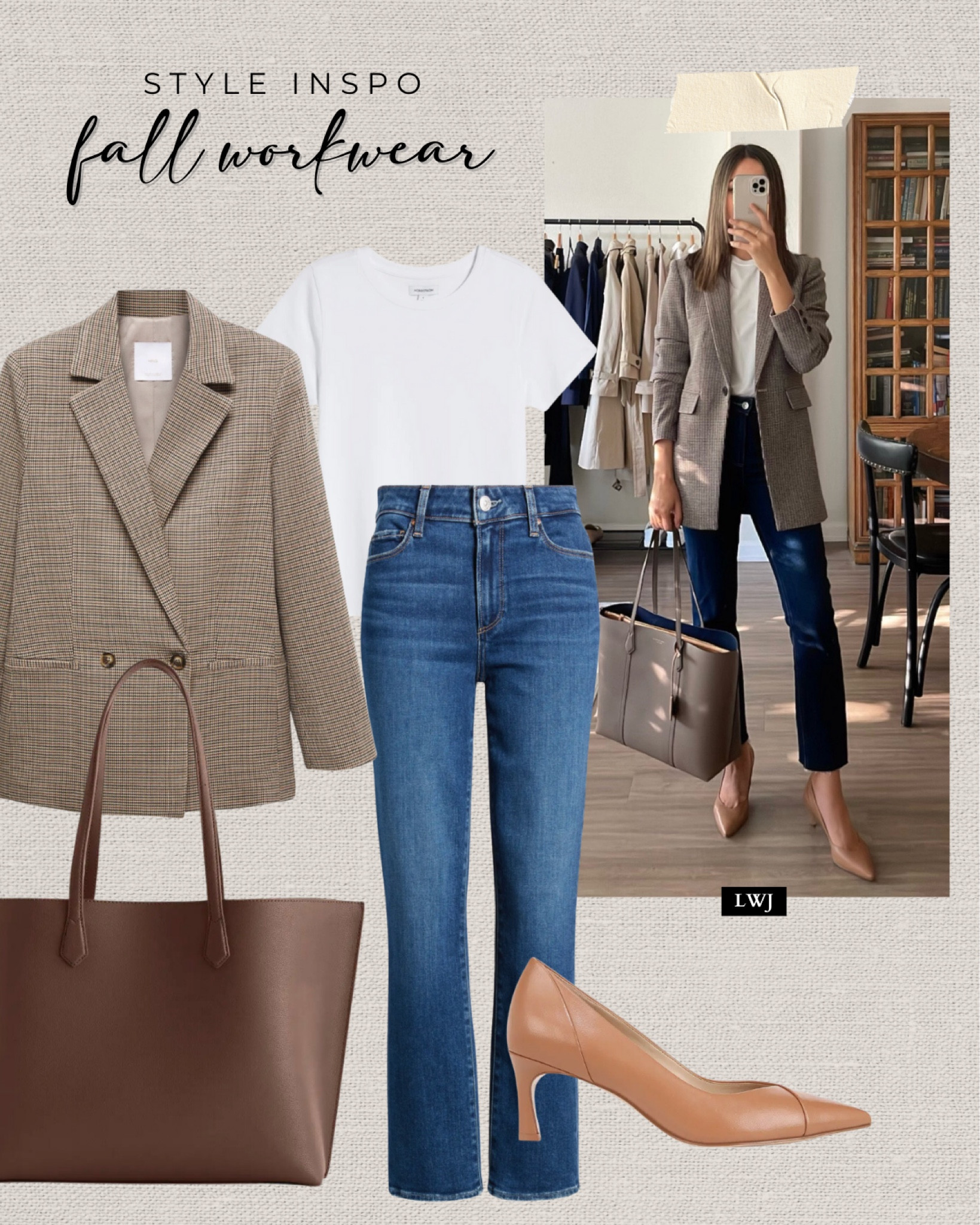 Style inspo: fall workwear 

Plaid blazer / white tee / ankle jeans / brown tote bag / camel heels / workwear / office outfit / classic style / fashion style / fall style 

#LTKWorkwear #LTKSeasonal #LTKStyleTip