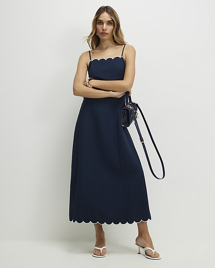Navy Linen Blend Scallop Trim Midi Dress | River Island UK & IE