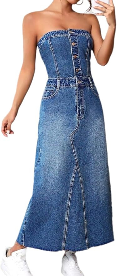 Womens Strapless Tube Denim Dress Sexy Sleeveless Button Down Bodycon Split Party Jean Midi Dress | Amazon (US)