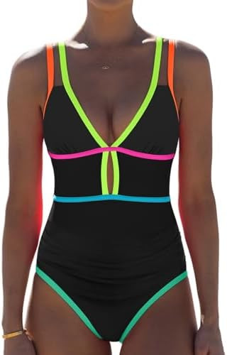 popvil Women One Piece Swimsuit 2026 Tummy Control Sexy Cutout Neon Color Block Bathing Suit Slim... | Amazon (US)