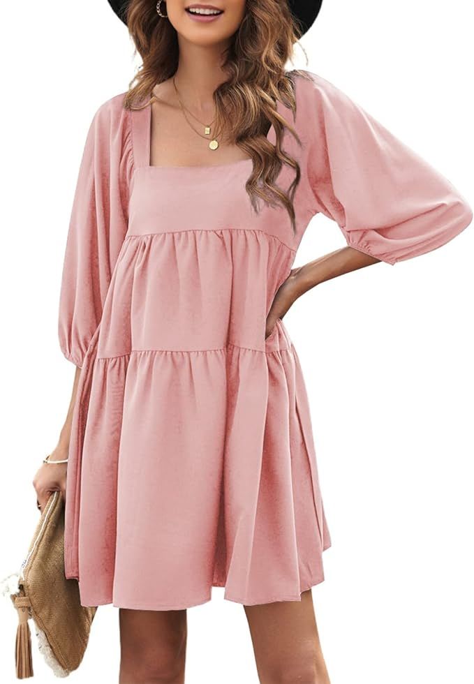 BLENCOT Womens Cute Puffed Sleeve Backless Lace Up Babydoll Mini Dresses S-XL | Amazon (US)